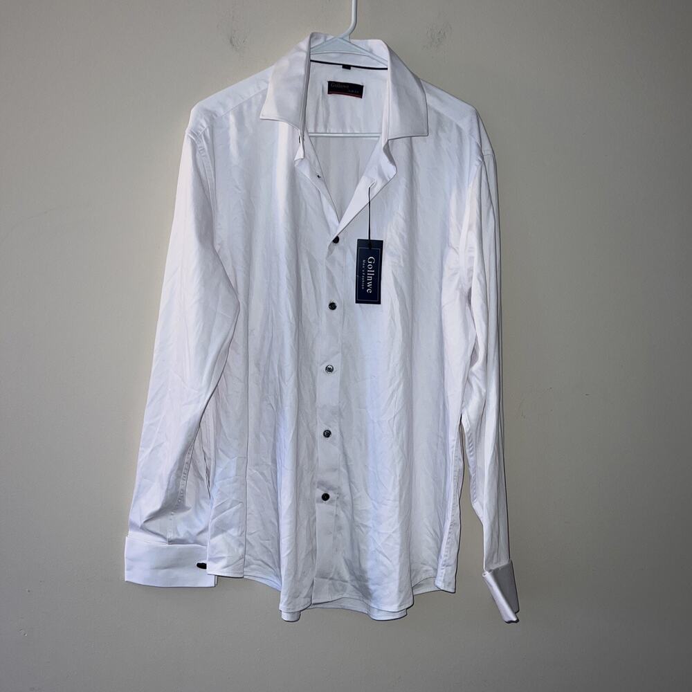 Gollnwe Men's Slim Fit French Cuff Stretch Bamboo Solid Dress Shirt Large New